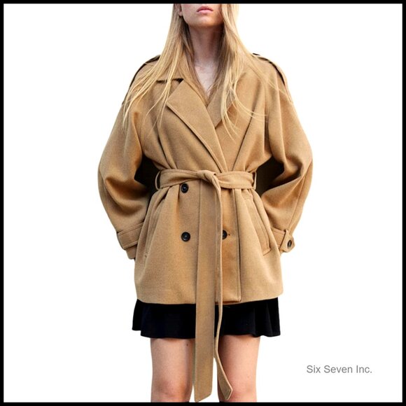 Jackets & Blazers - Wool Blend Pea Coat Double Breasted Notch Lapel Belted Winter Jacket
